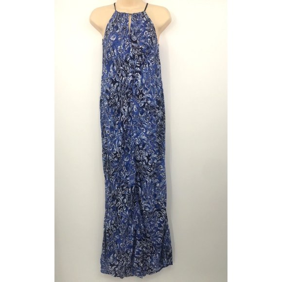 Lucky Brand Floral Boho Sleeveless Keyhole Maxi Dress Indigo Blue Small NEW - Picture 3 of 9